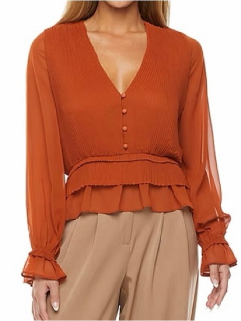 Ryegrass Rust Orange Pleated V-Neck Ruffle Blouse Size 12